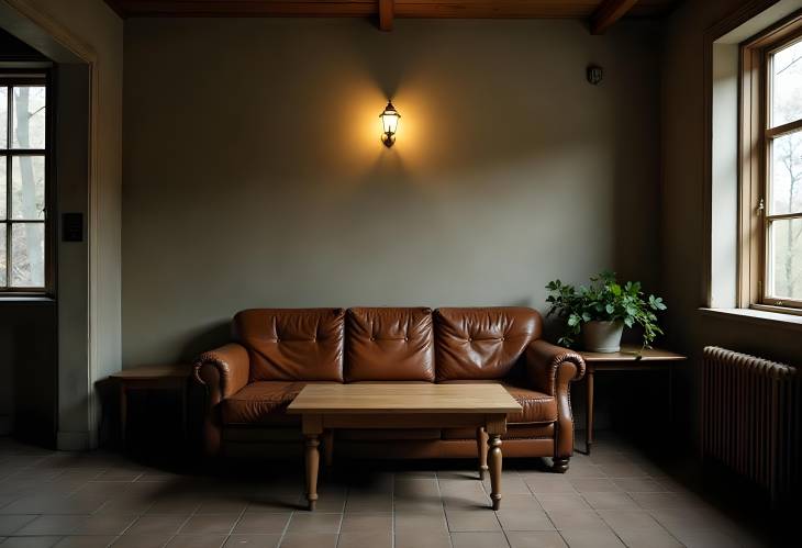 Elegant Vintage Lounge with Leather Sofa, Wood Table, and Pendant Light Fixture